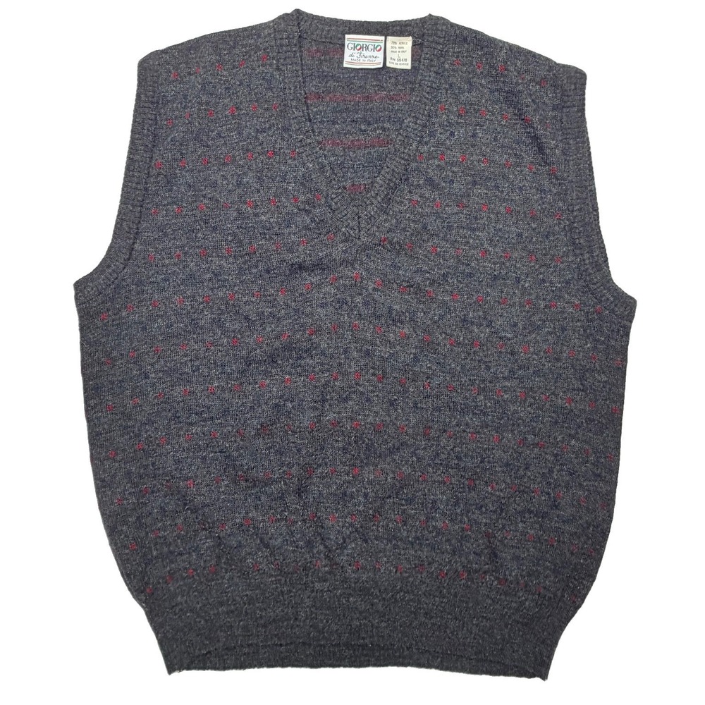 Giorgio di Firenze Sweater Vest Large Gray Red Dot Wool Blend Made in Italy